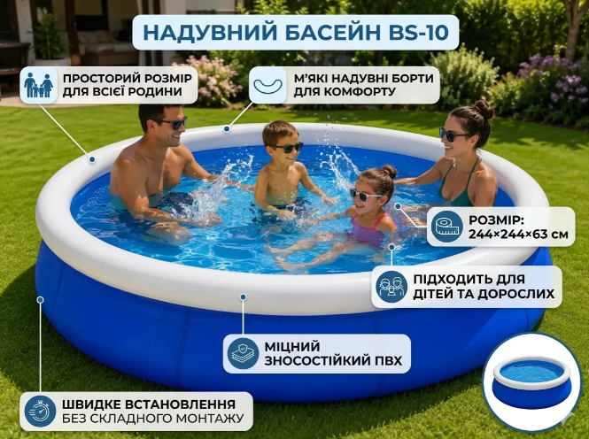 Надувний міцний круглий басейн для дому та дачі BS-10 244x244x63см Дитячий, переносний, сімейний, легкий у встановленні, літній для двору 2100 л - зображення 10