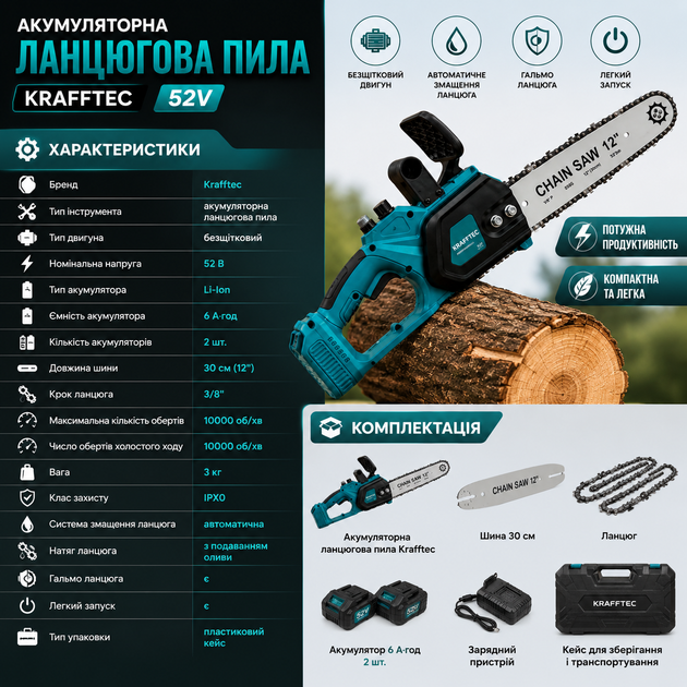 Акумуляторна ланцюгова пила Krafftec 52V - зображення 5