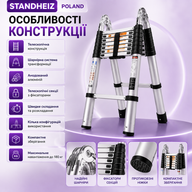 Телескопическая лестница-трансформатор StandHeiz Poland DT500 2,5×2,5 (5 м) - изображение 6