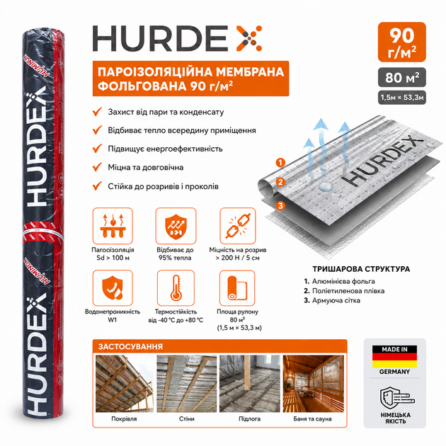 Пароизоляционная фольгированная мембрана HURDEX AL90 1,6 м (90 г/м²) 80 м² - изображение 2