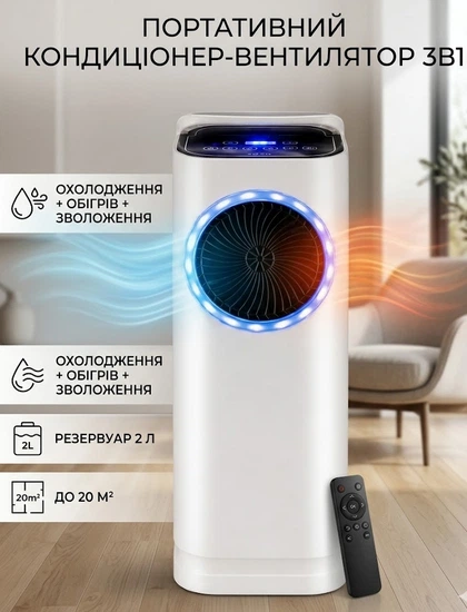 Портативний кондиціонер BITEK з обігрівом і охолодженням 100–4000 Вт для приміщень до 20 м², бак 2 л, зволоження повітря, пульт дистанційного керування, компактний кліматичний прилад для дому та офісу - изображение 2