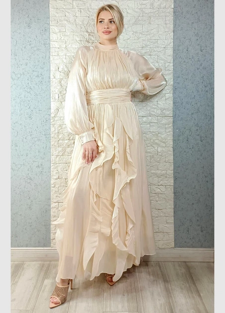 Сукня вечірня з органзи декорована воланами бежева Flam Mode M-L 43-6871 - Фото 2 Сукня вечірня з органзи декорована воланами бежева Flam Mode M-L 43-6871 - зображення 2
