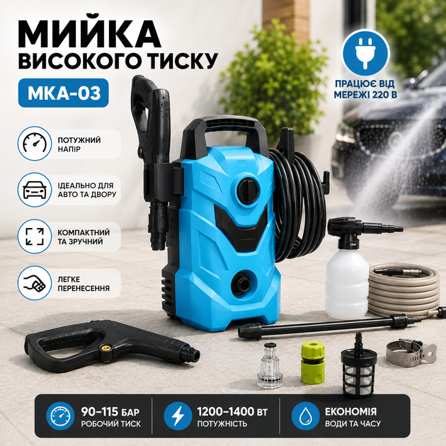 Портативная мойка высокого давления для автомобиля, двора и сада 115 Бар MKA-03. Автомойка электрическая 1400 вт. - Фото 1 Портативная мойка высокого давления для автомобиля, двора и сада 115 Бар MKA-03. Автомойка электрическая 1400 вт. - изображение 1