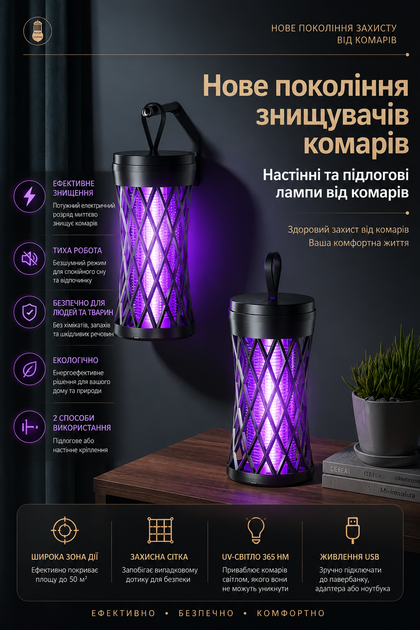 Электрическая лампа-уничтожитель комаров 2-в-1 с УФ-светом, портативная, USB, до 30 м² - изображение 5
