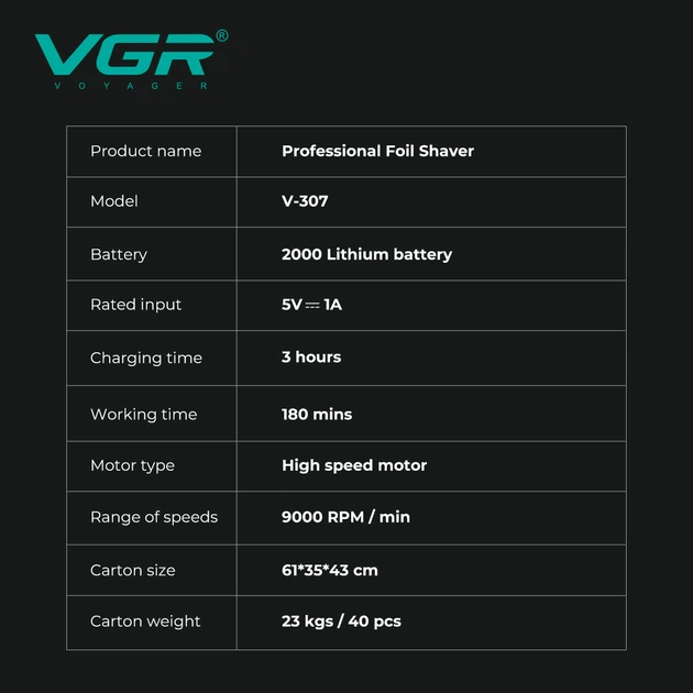 Електробритва VGR V-307 GREEN шейвер, подвійне лезо, 2000mAh, 9000 RPM - изображение 2