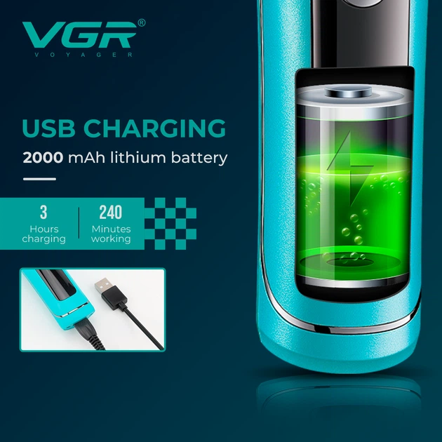 Тример для стрижки VGR V-299 BLACK, 4 насадки, 9000RPM, 2000 mAh, 5 рівнів швидкості, LED дисплей - изображение 6