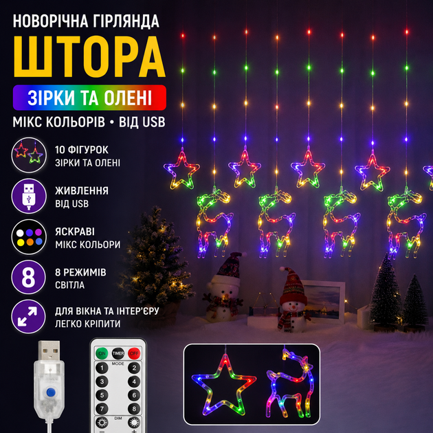 Новогодняя гирлянда штора на окно звезды и олени микс цвет от USB 10 фигурок - Фото 1 Новогодняя гирлянда штора на окно звезды и олени микс цвет от USB 10 фигурок - изображение 1