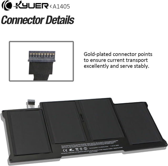 Акумуляторна батарея K KYUER A1496 A1405 A1377 для Apple MacBook Air 13" A1466 A1369 (2010-2017) 7200 мАг 7.6V 55Вт·год - зображення 4