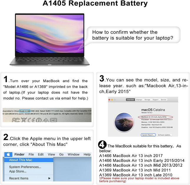 Акумуляторна батарея K KYUER A1496 A1405 A1377 для Apple MacBook Air 13" A1466 A1369 (2010-2017) 7200 мАг 7.6V 55Вт·год - зображення 6