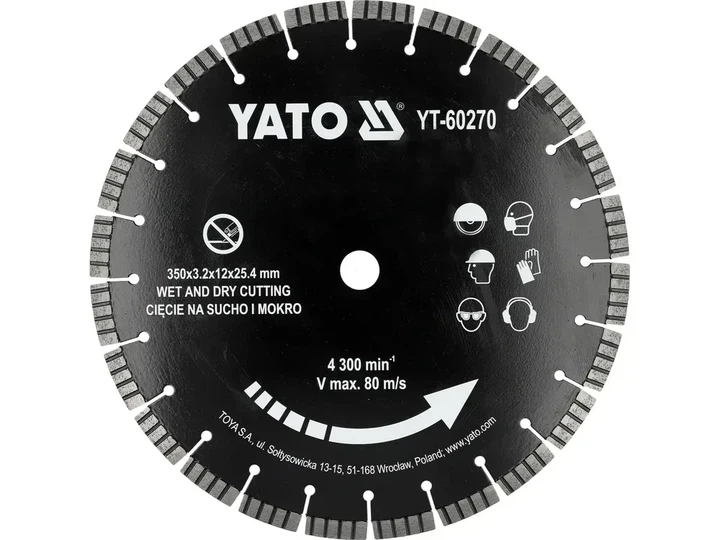 Диск отрезной алмазный сегментный YATO по бетону 350/25.4 x 3.2 мм для мокрой и сухой резки YT-60270 - Фото 1 Диск отрезной алмазный сегментный YATO по бетону 350/25.4 x 3.2 мм для мокрой и сухой резки YT-60270 - изображение 1