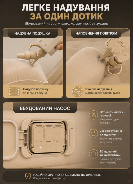 Матрац надувний ліжко одномісний з акумуляторним насосом USB для кемпінгу та дому з подушкою і ремкомплектом 190х100х40 см Сірий - зображення 3