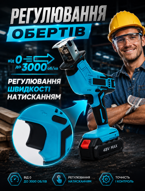 Портативна шабельна пила акумуляторна лобзик з LED підсвічуванням та кейсом портативний інструмент для різання дерева металу та пластику з двома АКБ 48В та плавним регулюванням оборотів - зображення 8