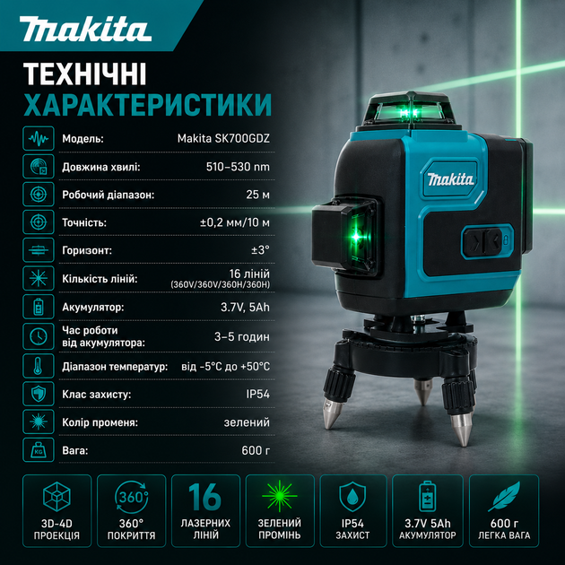 Аккумуляторный лазерный нивелир Makita SK700GDZ с 3D-4D-уровнем (3,7 В, 5 Ач) - изображение 5