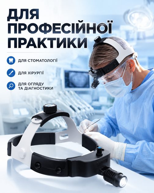 Освітлювач налобний хірургічний TD-M01B-F докторська LED лампа на голову для отоларингології ЛОР-хірургії стоматології огляду та діагностики налобний медичний світильник з регулюванням фокусу і зручною фіксацією (10121) - зображення 2