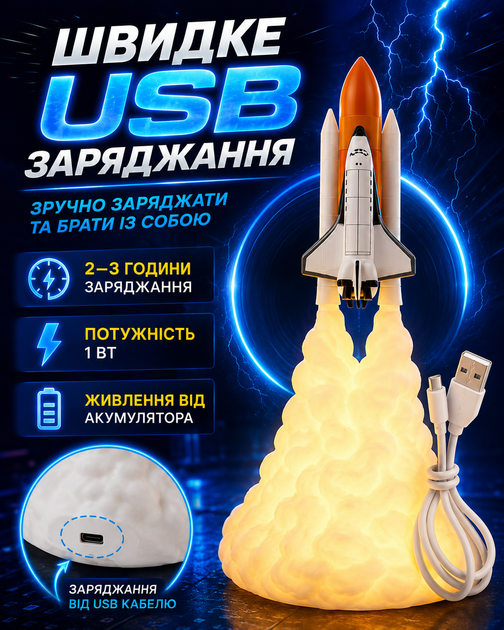 Ночник ракета LED 3D светильник для детей в спальню и детскую аккумуляторную комнату с USB-C зарядкой мягкий теплый свет декоративная настольная лампа ракета 21 см космический дизайн до 10 часов работы ночная лампа для мальчика и девочки - изображение 2