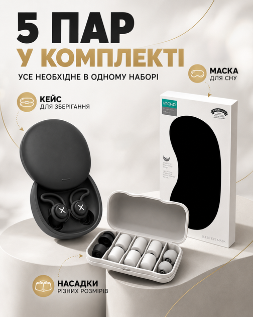 Беруші та маска для сну захист від хропіння вибухів та пострілів для плавання стрільби з високим шумозаглушенням вух багаторазові анатомічні з футляром + розширювачі для носа чорний колір (101184) - зображення 4