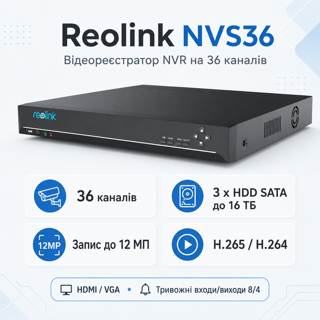 Видеорегистратор Reolink NVS36 без HDD 36 каналов H.265/H.264 4K Black (RLN36) - изображение 2