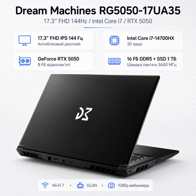 Ноутбук игровой Dream Machines RG5050-17UA35 17.3” FHD 144Hz Core i7-14700HX 16 GB SSD 1TB RTX 5050 8 ГБ - изображение 2
