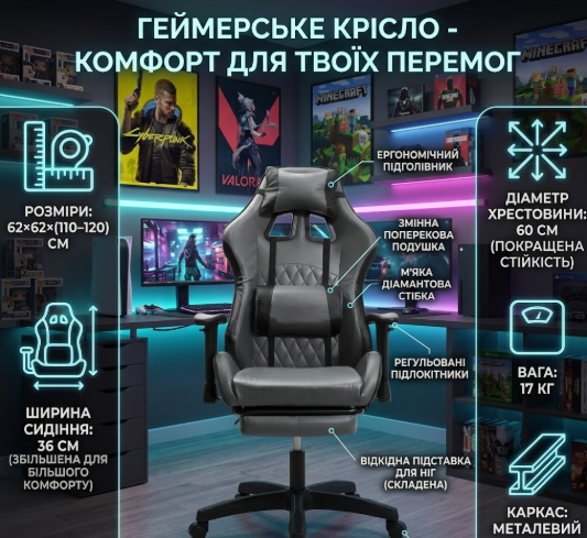Игровое кресло для дома с подставкой для ног DIEGO Raptor gray Новое брендовое кресло для геймеров - изображение 3
