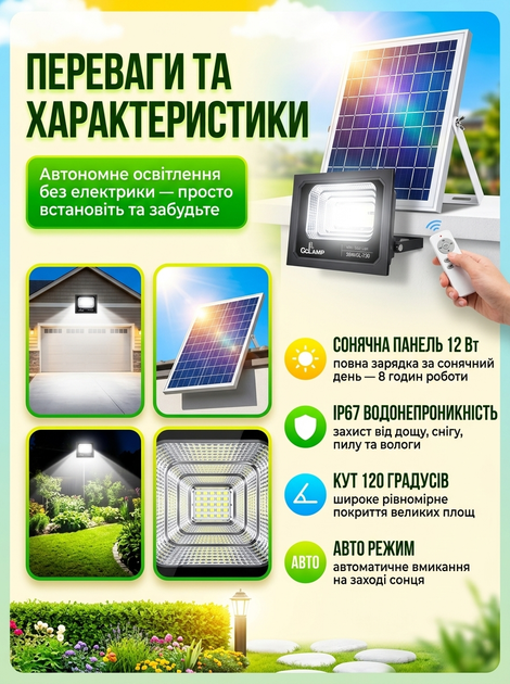 Сонячний LED прожектор CcLamp 100W з пультом ДК та сонячною панеллю для вуличного освітлення - изображение 2