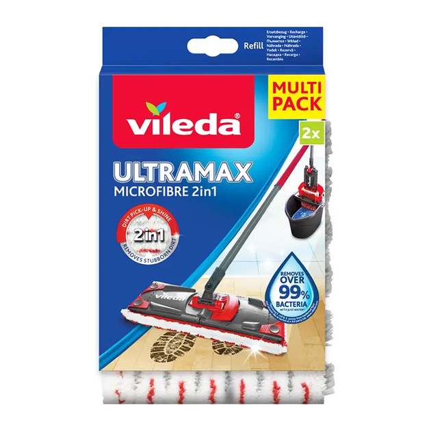 Насадка для швабри Vileda UltraMax та UltraMax Turbo змінна мікрофібра 2в1 для плоских швабр 35 x 14 см 2 шт (UltraMax 2in1) - зображення 3