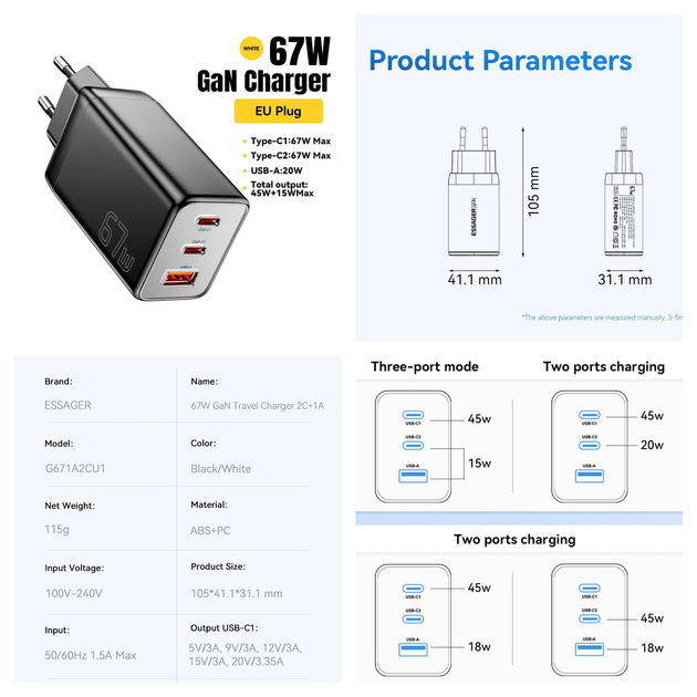 Сетевое зарядное устройство Essager 67W Black GaN PD QC3.0 / USB + 2 Type C/ быстрая зарядка / (G671A2CU1) - изображение 3