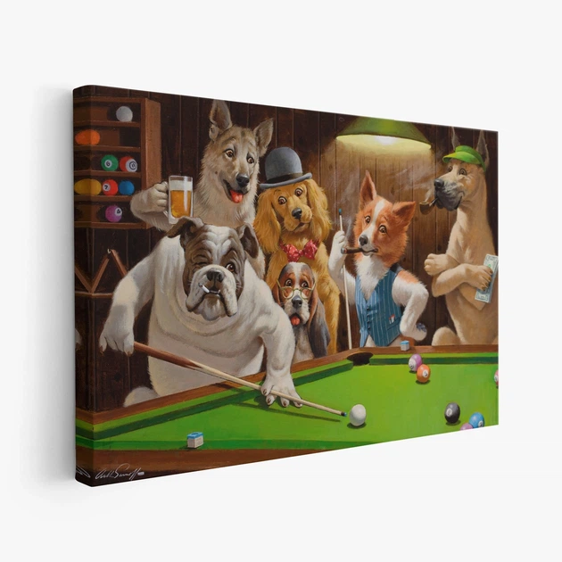 Интерьерная картина Собаки играют в бильярд, Артур Сарнофф, Arthur Sarnoff, Dogs Playing Pool, 28×42 см (id4196) - изображение 2