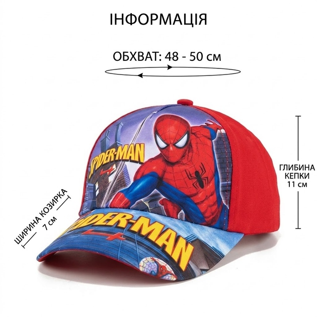 Детская кепка Spider-Man красная с ярким принтом, бейсболка для мальчика на липучке 48-50 см - изображение 4