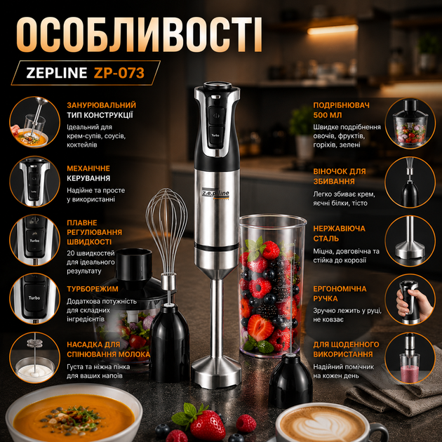 Заглибний блендер Zepline ZP-073 зі спінювачем молока - Фото 4 Заглибний блендер Zepline ZP-073 зі спінювачем молока - зображення 4