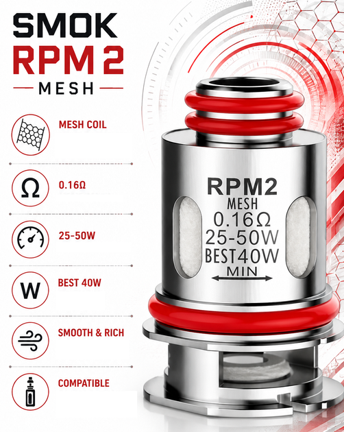 Випарник RPM 2 Mesh 0.16Ω Coil для підсистеми Smok Nord 4 40ватт - Фото 1 Випарник RPM 2 Mesh 0.16Ω Coil для підсистеми Smok Nord 4 40ватт - зображення 1