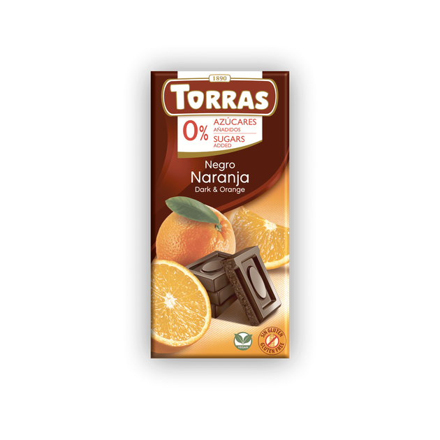Черный шоколад Torras с апельсином, без сахара и глютена, 75г (Испания) - Фото 1 Черный шоколад Torras с апельсином, без сахара и глютена, 75г (Испания) - изображение 1