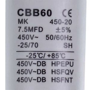 Пусковий конденсатор CBB60 для пральної машини 7.5uF 450V - зображення 2