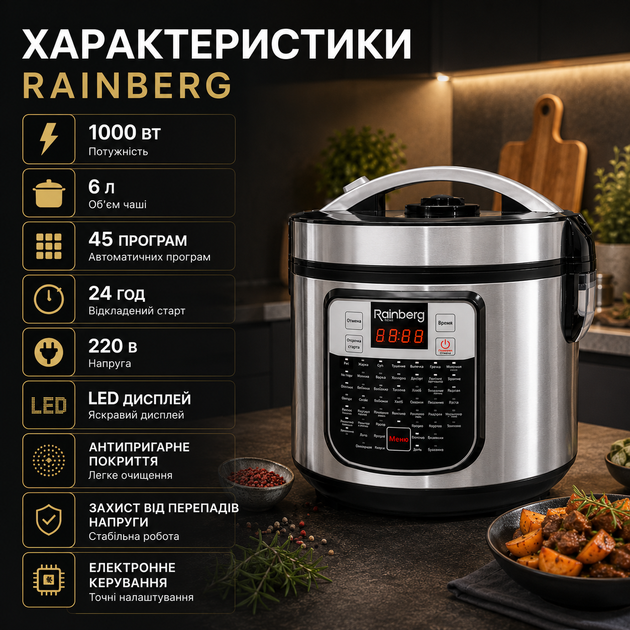 Мультиварка Rainberg 45 програм 6 л 1000 Вт - изображение 5