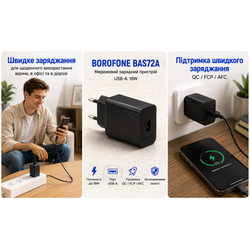 Сетевое зарядное устройство Borofone BAS72A USB-A 18W QC Black - изображение 3
