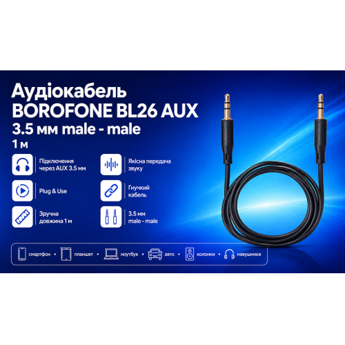 Аудіокабель Borofone BL26 AUX 3.5 mm - 3.5 mm, 1м - Фото 2 Аудіокабель Borofone BL26 AUX 3.5 mm - 3.5 mm, 1м - зображення 2