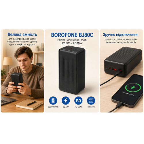 Power Bank Borofone BJ80C 50000 mAh 22.5W + PD 20W Black - изображение 3