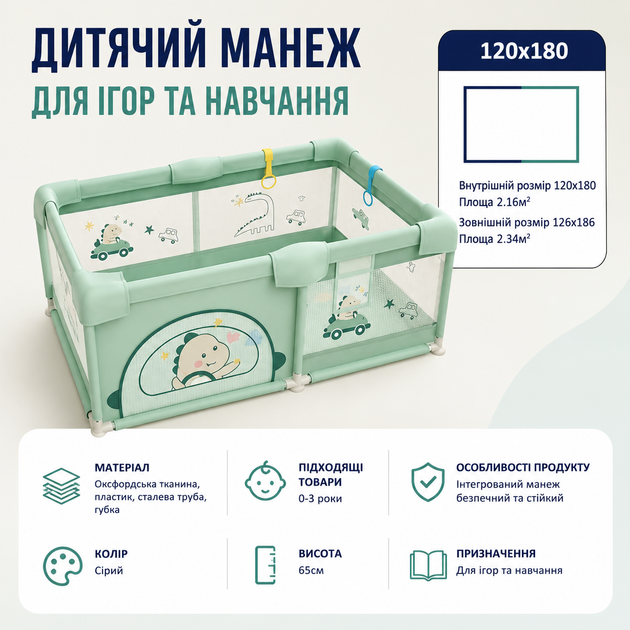 Дитячий манеж для ігор та навчання 120×180 см CC-180 Green - зображення 2