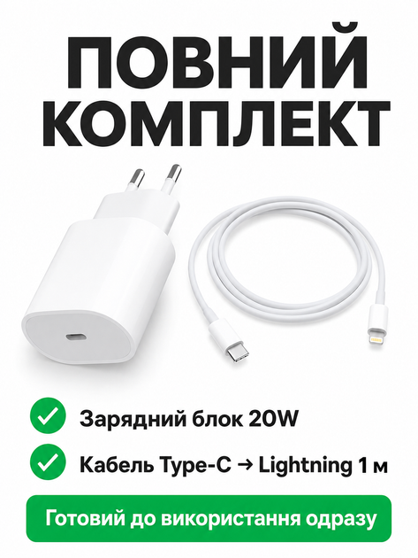 Комплект быстрой зарядки 20W для Apple iPhone и iPad зарядное устройство USB-C Power Delivery PD адаптер питания 20W + кабель Type-C to Lightning 1м быстрая зарядка для iPhone 7 8 X XR XS 11 12 13 14 Pro Max Plus Mini AirPods - зображення 3