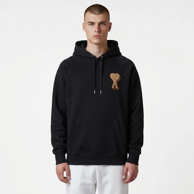 Мужское худи AMI Paris Black Ami De Coeur Hoodie черное размер М (AP05001.1M) - изображение 4