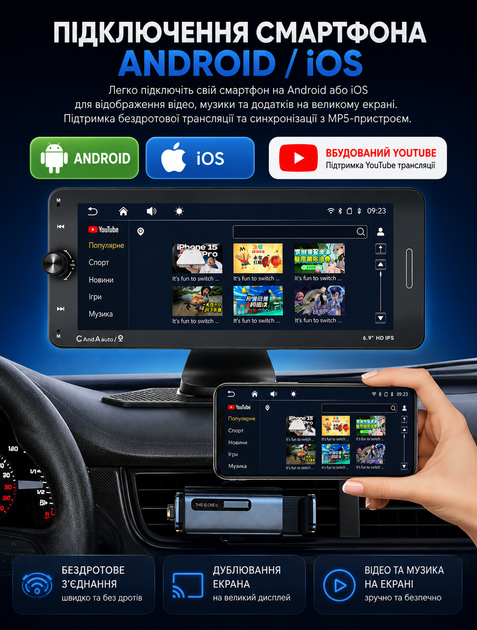 Автомобільний сенсорний монітор 7-дюймовий HD з бездротовим CarPlay та Android Auto і підтримкою камери заднього виду 1080×480 7–32 В - зображення 2