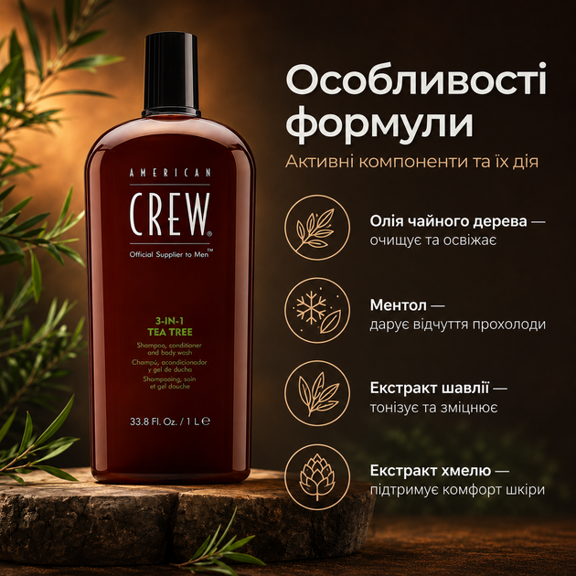 Шампунь 3-в-1 American Crew 3 IN 1 Tea Tree Shampoo 1000 мл для волос и тела с маслом чайного дерева, мятой и освежающим эффектом - изображение 2