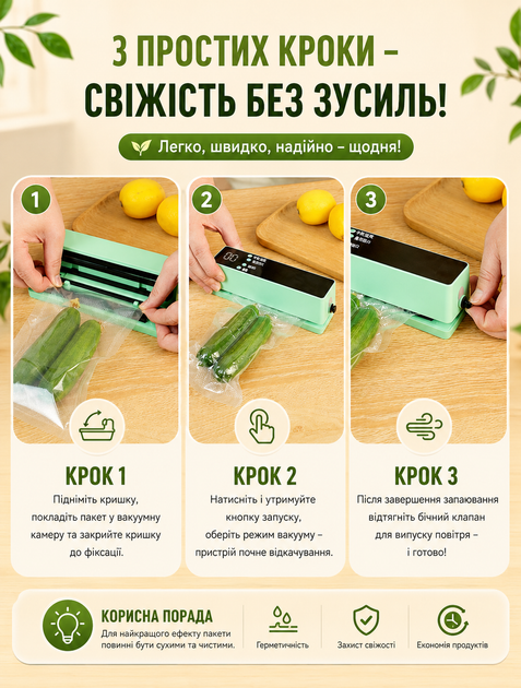 Вакууматор для продуктов аккумуляторный портативный упаковщик для мяса овощей и фруктов беспроводной USB 60 кПа с пакетами - изображение 2