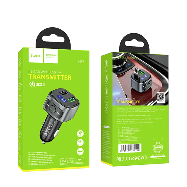 FM передатчик Hoco E67 для автомобиля с зарядкой 3.0A Bluetooth 5.0 воспроизведение с U-диска и FM - изображение 5