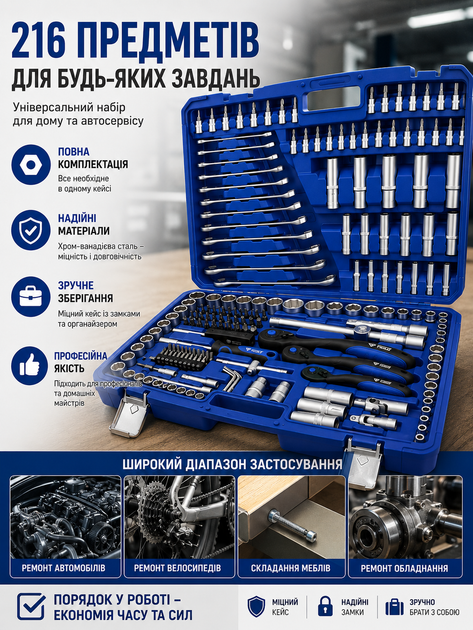 Набір інструментів автомобільний 216 предметів з тріскачкою головками та бітами хромованадієва сталь у кейсі для ремонту авто - зображення 5