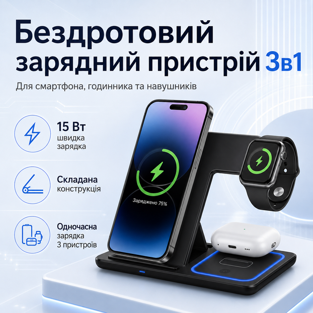 Бездротовий зарядний пристрій 3в1 для смартфона, годинника та навушників. Чорний - Фото 1 Бездротовий зарядний пристрій 3в1 для смартфона, годинника та навушників. Чорний - зображення 1