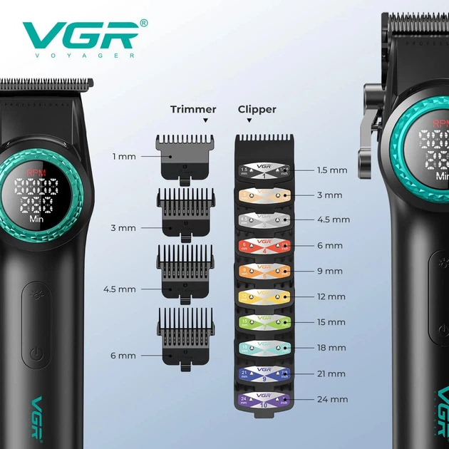 Профессиональный набор для барберов VGR Stepless Pro 3 in 1 BLACK / Мужской комплект для стрижки VGR - изображение 3