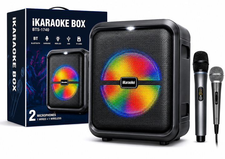 Колонка Bluetooth BTS-1740 з 1 провідним та 1 бездротовим мікрофоном, портативна караоке система RGB LED FM/USB/TF - Фото 1 Колонка Bluetooth BTS-1740 з 1 провідним та 1 бездротовим мікрофоном, портативна караоке система RGB LED FM/USB/TF - зображення 1