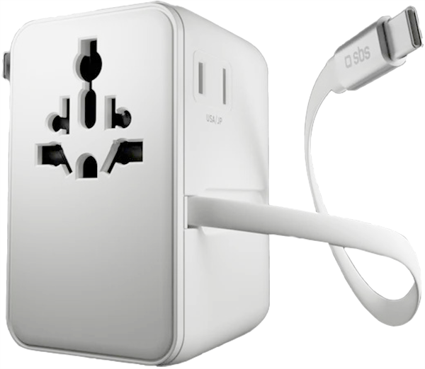 Адаптер SBS Universal Travel Adapter з вбудованим кабелем USB-C White (TEADARET2USB2CPD70W) - зображення 3