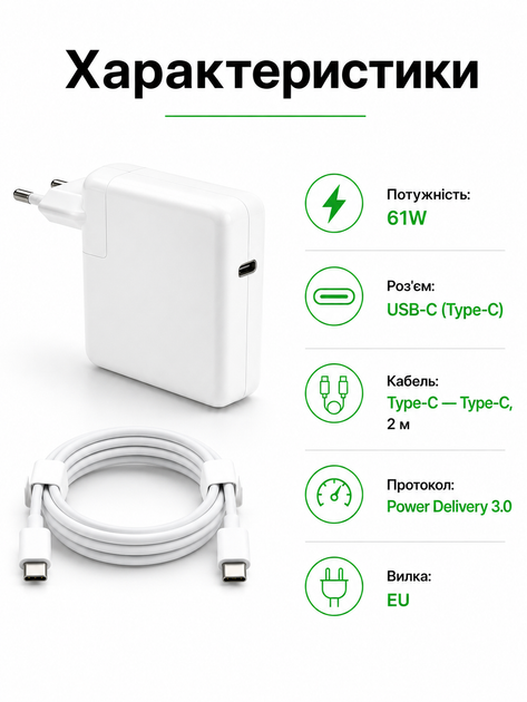 Оригінальний блок живлення Foxconn 61W USB-C для MacBook Air Pro мережевий адаптер живлення Type-C Power Delivery PD з кабелем Type-C to Type-C 2м зарядний пристрій для Mac iPad швидка зарядка - зображення 5