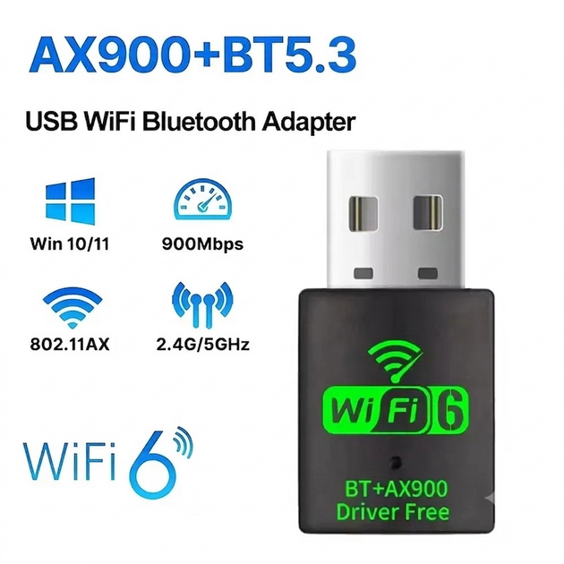 Адаптер Wi-Fi 6 двохдіапазонний Bluetooth 5.3 600 + 286 Мб/с сигнал 2в1 AX900 Mbps бездротовий міні вай фай ресивер USB3.0 для ПК ноутбука комп’ютера wifi 5G 2.4/5 ГГц plug and play блютуз висока швидкість - зображення 2
